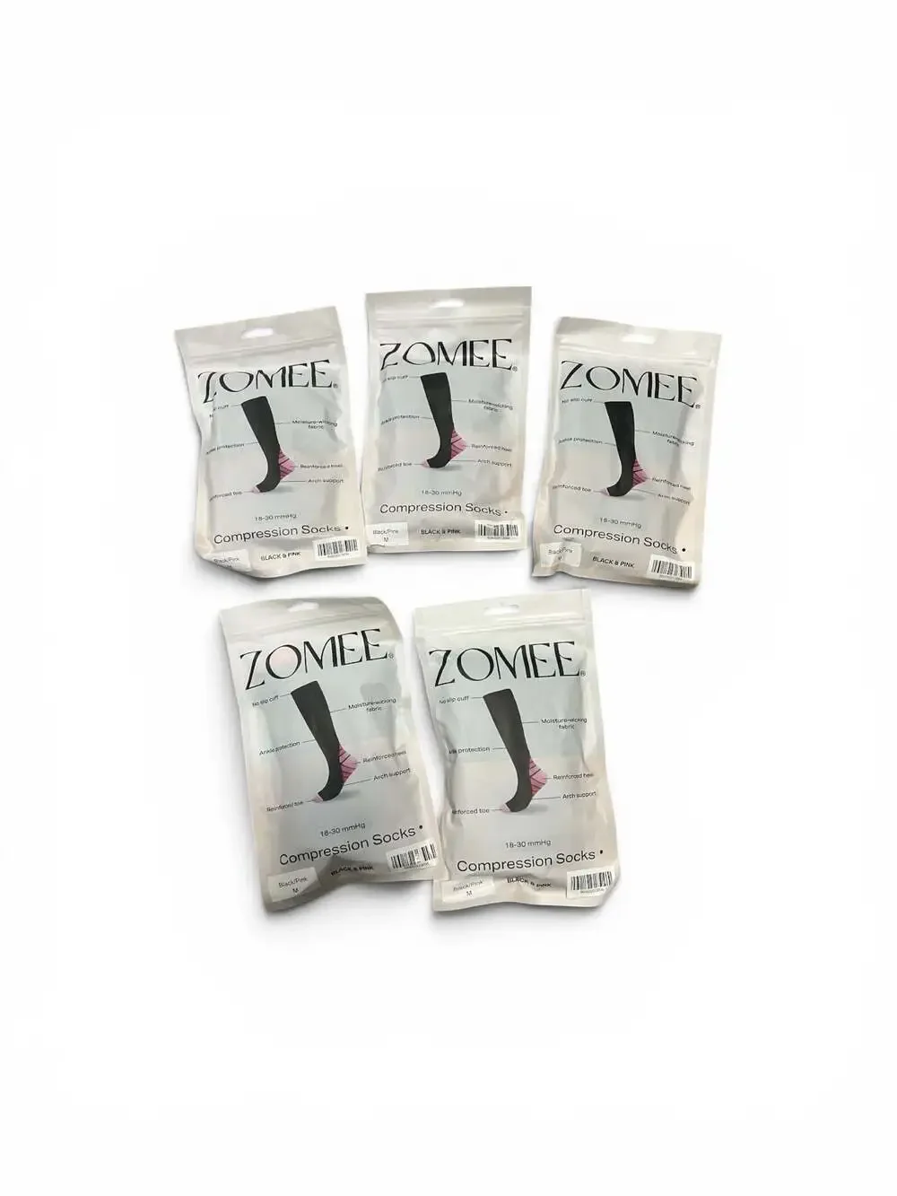 Zomee 18-30 mmHg Compression Socks (Black/Pink, Size M) - 5 Pack